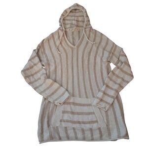 Elan Striped Beige Hooded Sweater, Cotton Lightweight Top, Size Medium, Coastal